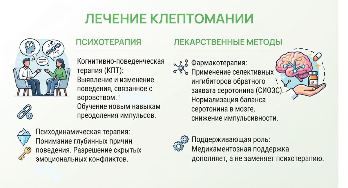 Инфографика о лечении клептомании, включающая психотерапию и лекарственные методы.